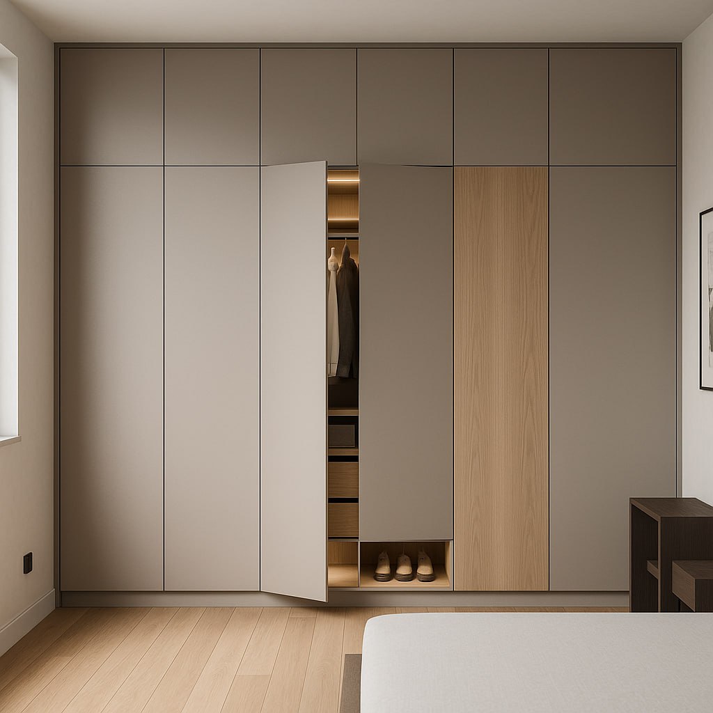 Modern walk-in closet with warm lighting