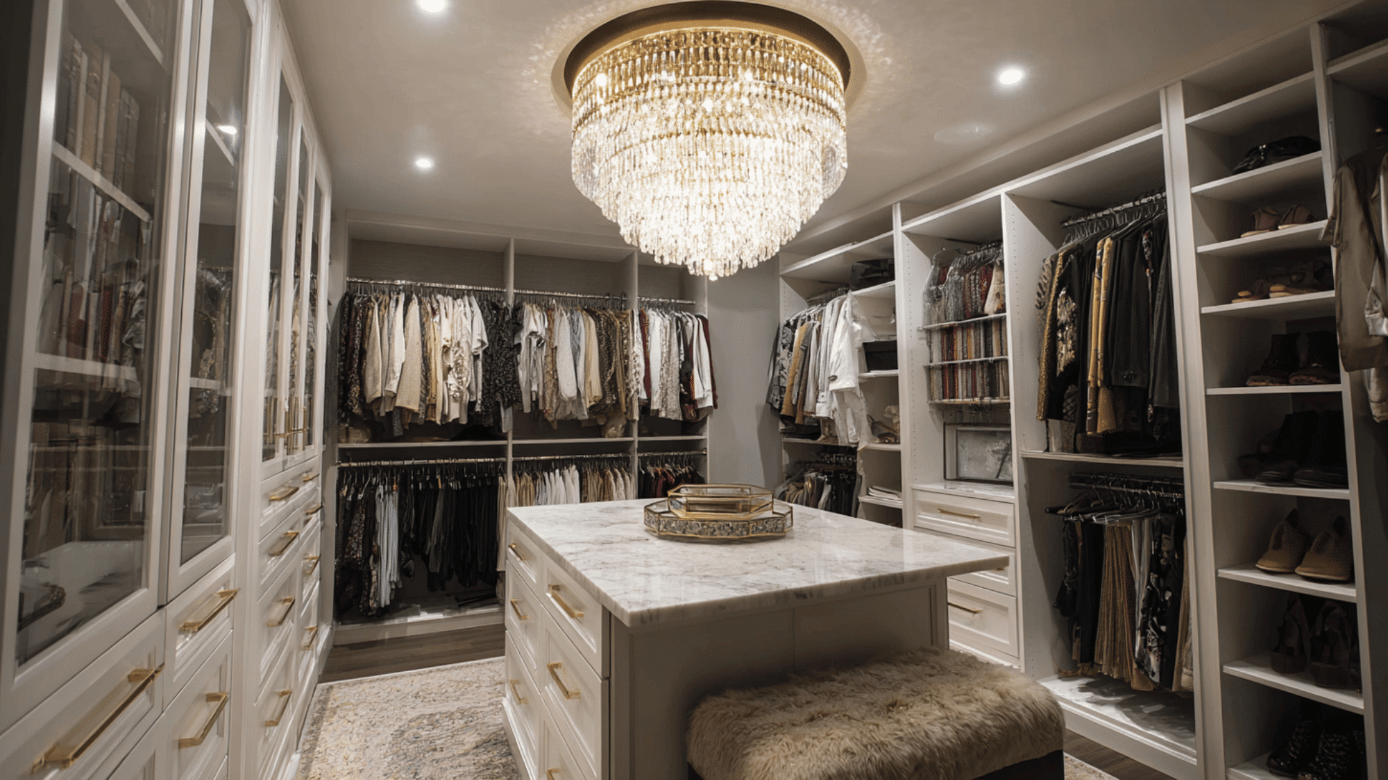 Spacious master closet with vanity area