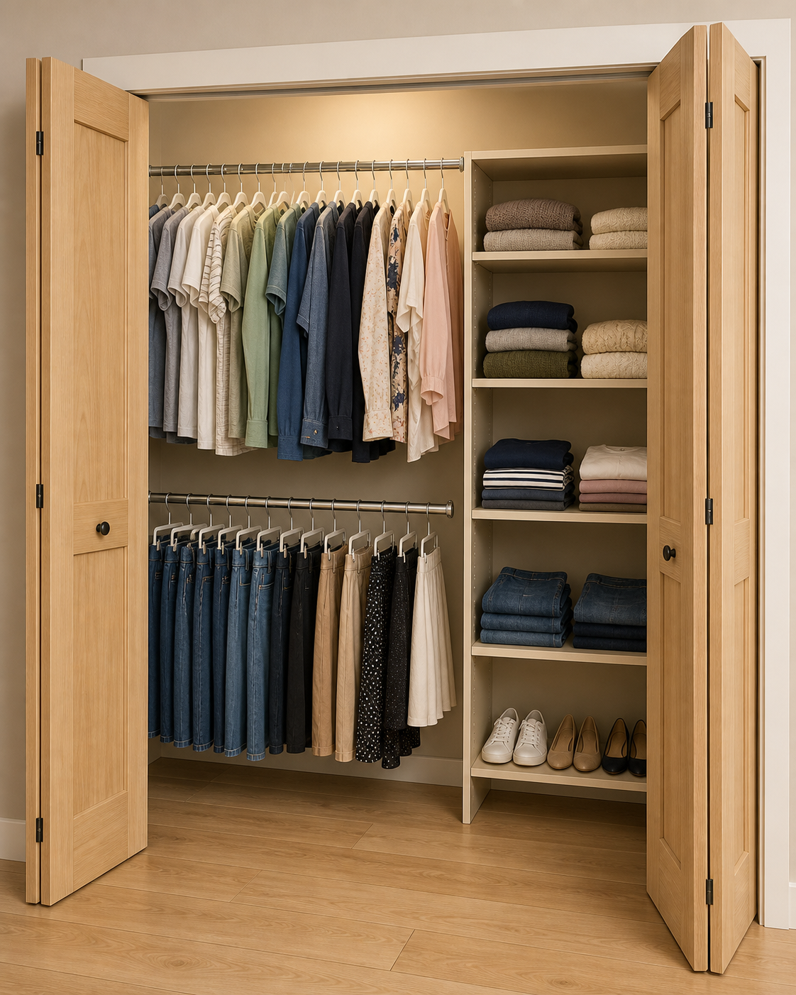 Natural wood reach-in closet