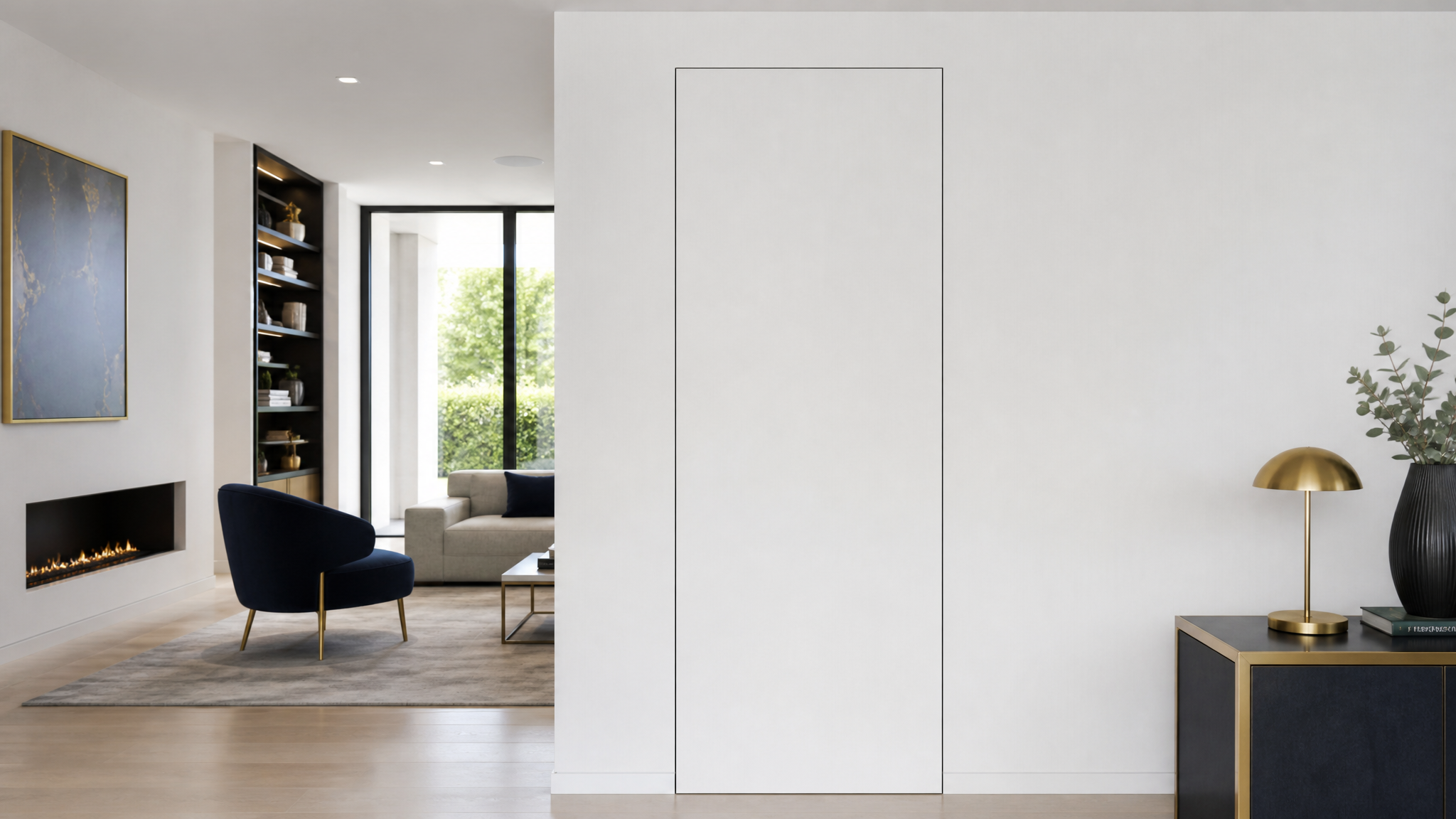 Invisible door closed flush with modern white wall