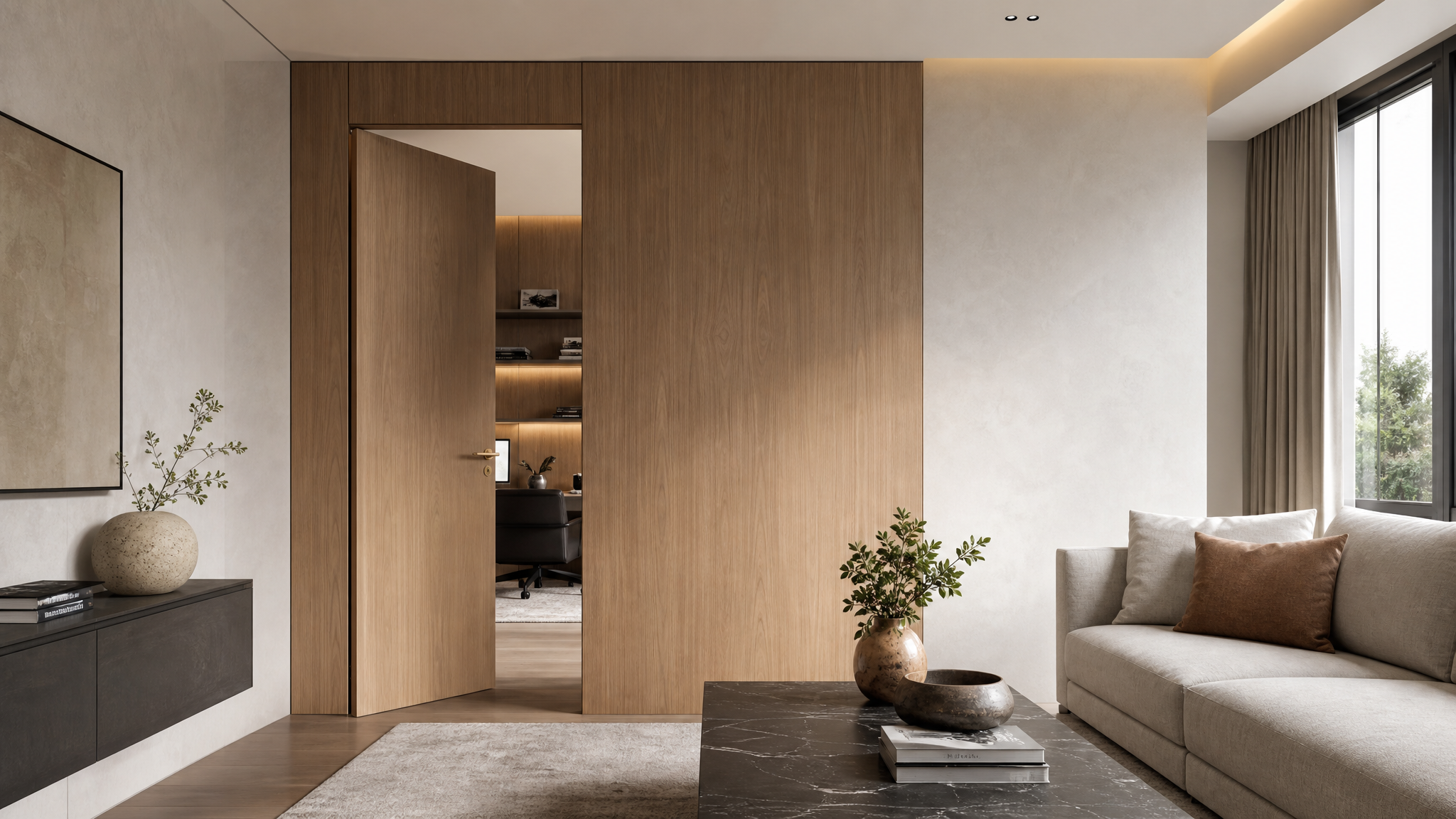Living room with invisible door leading to home office