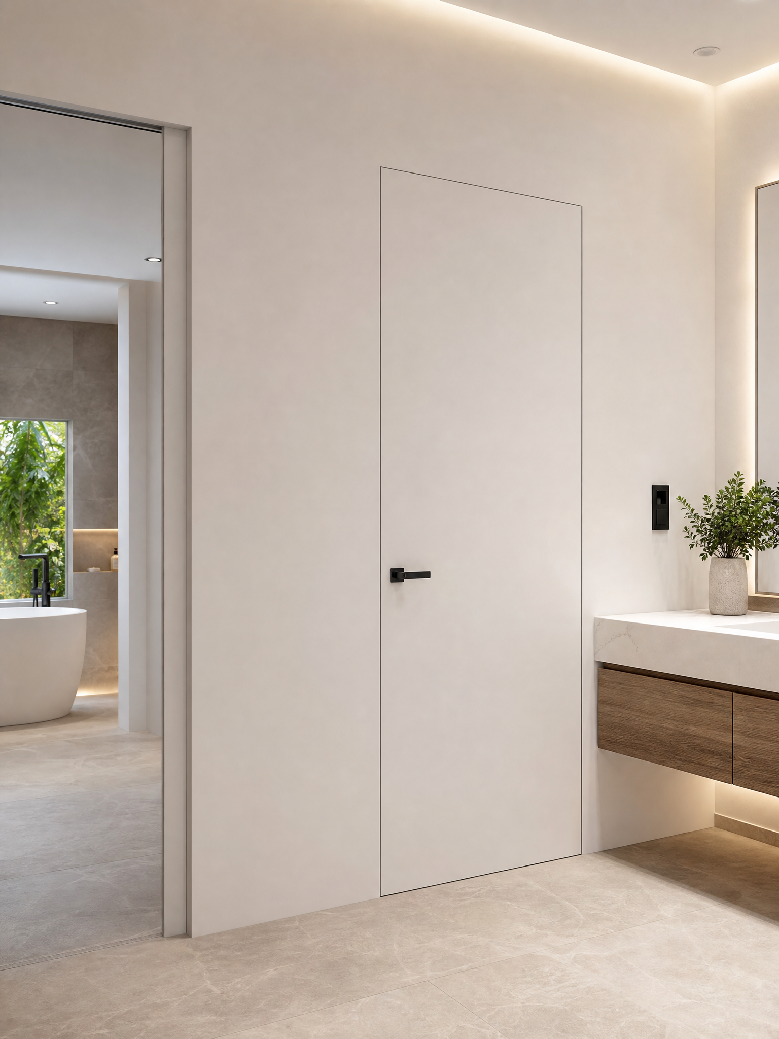 Bathroom entrance with invisible flush-mount door